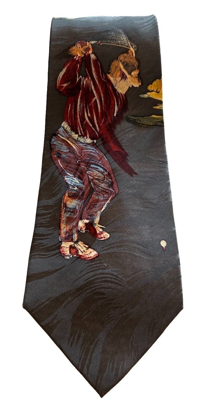 Vtg Terry Rose Mens Golf Tie "Going For The Pin" Handmade Gray Silk 3.75” Golfer